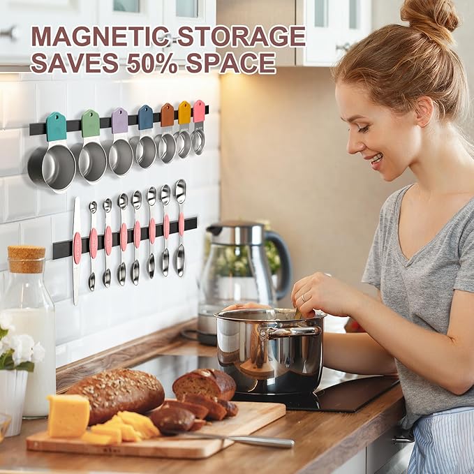 15-Piece Stainless Steel Measuring Cups and Spoons Set, Strong Magnetic Nesting Design 7 Cups 7 Spoons with Leveler, Double Measurement Markings for Dry & Liquid Ingredients, Pink & Colorful