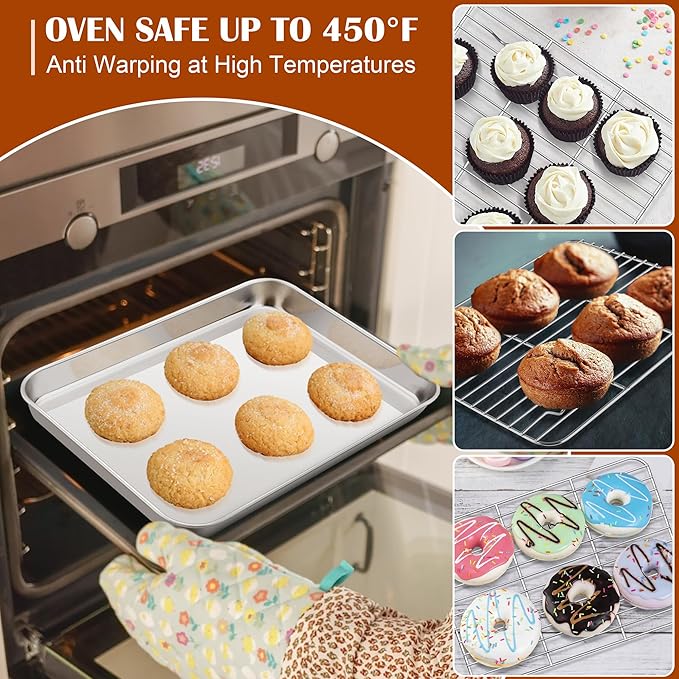 E-far Small Baking Sheet with Wire Rack (2 Pans + 2 Racks), Stainless Steel Cookie Sheets Trays & Cooling Rack for Toaster Oven, Non Toxic & Warp Resistant, Oven & Dishwasher Safe, 10.5 x 8.3 x 1 Inch