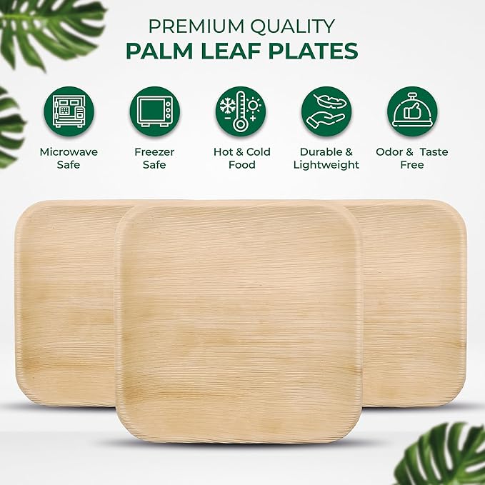 Palm Leaf Disposable Plates - Bamboo Plates Disposable 7" &10" Inch Square (25pc 7" & 25pc 10") - 100% Compostable & Biodegradable Plates - Heavy-Duty, Party Dinnerware Set - Microwave & Oven