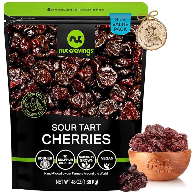 NUT CRAVINGS - Sun Dried Sour Tart Cherries, Lightly Sweetened (48oz, 3 LB) Bulk Dry Fruits Packed Fresh in Resealable Bag - Sweet Healthy Snack, Naturally Grown, Vegan, Kosher