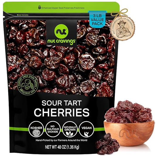 NUT CRAVINGS - Sun Dried Sour Tart Cherries, Lightly Sweetened (48oz, 3 LB) Bulk Dry Fruits Packed Fresh in Resealable Bag - Sweet Healthy Snack, Naturally Grown, Vegan, Kosher