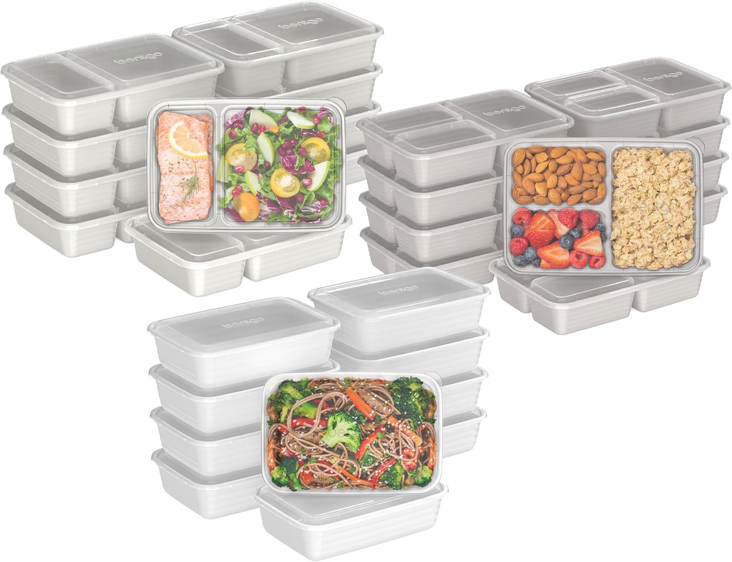 Bentgo Prep 60-Piece Meal Prep Kit - Reusable PFAS & BPA-Free Food Containers, 1-Compartment, 2-Compartment, & 3-Compartments - Microwave, Freezer, & Dishwasher Safe (White Stone)