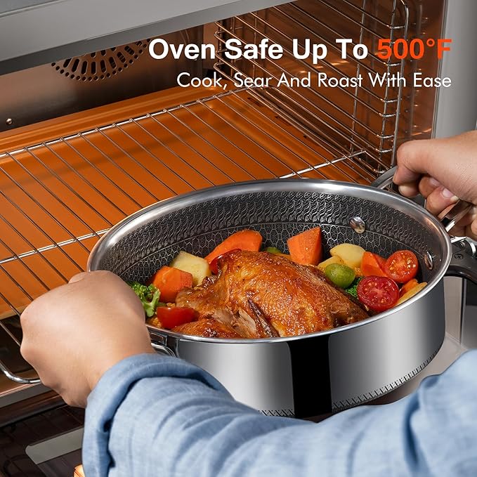 Saute Pan,Stainless Steel Frying Pan, 12 inch 5.5 QT Tri-play Nonstick Non-toxic Deep Frying Pan with Tempered Glass Lid, Stay-Cool Handles Induction, Oven, Dishwasher