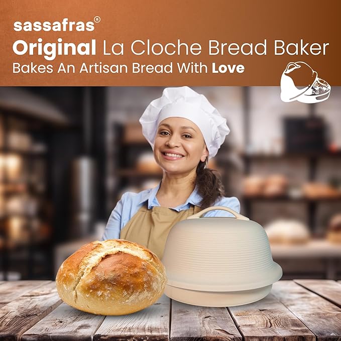 Sassafras Superstone Stoneware La Cloche Bread Baker, Unglazed, Baking Stone for Bread, Capacity 5QT 12”D x7”H with handle, Withstands Temperature 500-2100 Fahrenheit