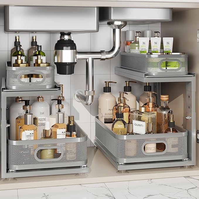 2 Pack 15.5IN-Depth Under Sink Organizer With Next-Gen Ball-Bearing Slides,2-Tier Precision Mesh Pull Out Cabinet Storage for Bathroom&Kitchen,Height Adjustable Drawers Shelf,Anti-rust-Grey