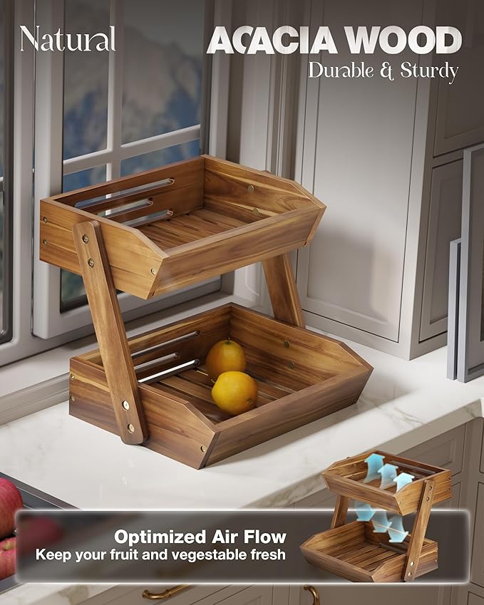 Fruit Basket, Fruit Bowl, 2 Tier Fruit Basket for Kitchen Counter, Produce Stand Storage Holder, Heavy Duty/Multipurpose/Large Capacity for Onion Potato, Vegetables, Spice Jars, Bread Storage