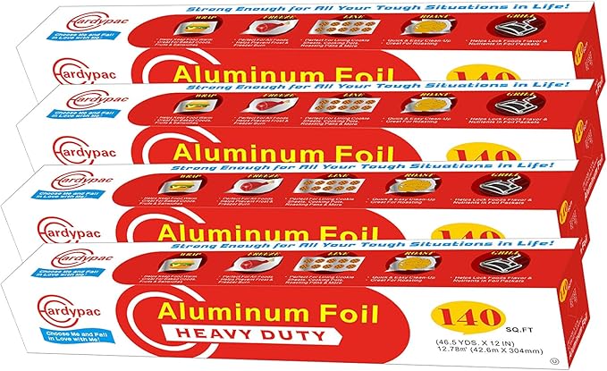 560 SQFT Aluminum Foil Roll, 4 PACK, Total 560 SQFT, 140' Length x 12" Width per roll, kitchen tin foil grill foil paper for cooking, baking, wrapping.