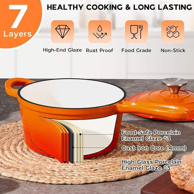 2 Quart Saucepan with Lid, Onader Enameled Cast Iron Sauce Pan, Small Cooking Sauce Pot, Enamel Dutch Oven Pot Nonstick – Sunset Orange