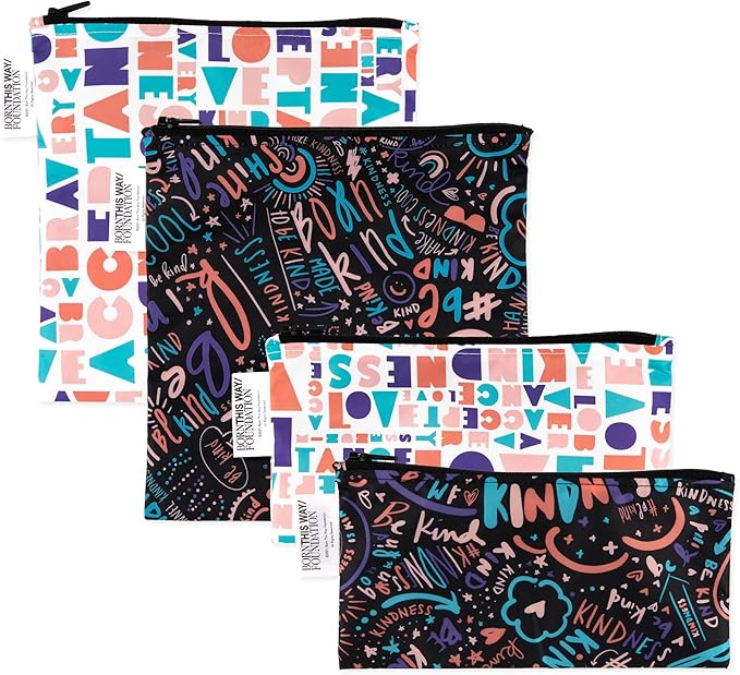 Bumkins - Cloth Snack & Sandwich Bags - For Storage, Travel, Food Prep, Lunch - Reusable, Water Resistant, Washable, Dishwasher Safe - Snack Bags for Kids - Zipper Closure - BTWF Kindness - 4 Pack