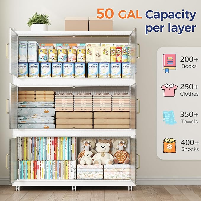 150GAL Extra Large Storage Bins with Lid, 600QT Plastic Stackable Storage Bins with 6x Wheels, Collapsible Closet Organizer and Storage Drawer Cabinet for Living Room Office Dorm, 3Pack White