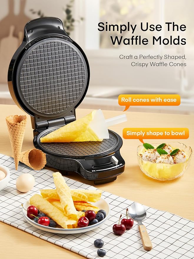 FOHERE Waffle Cone Maker Machine and Ice Cream Bowl Maker with Browning Control, Double Side Nonstick Waffle Bowl Maker with Cone Roller, 7.5” Thin Waffle Maker for Home Kitchen