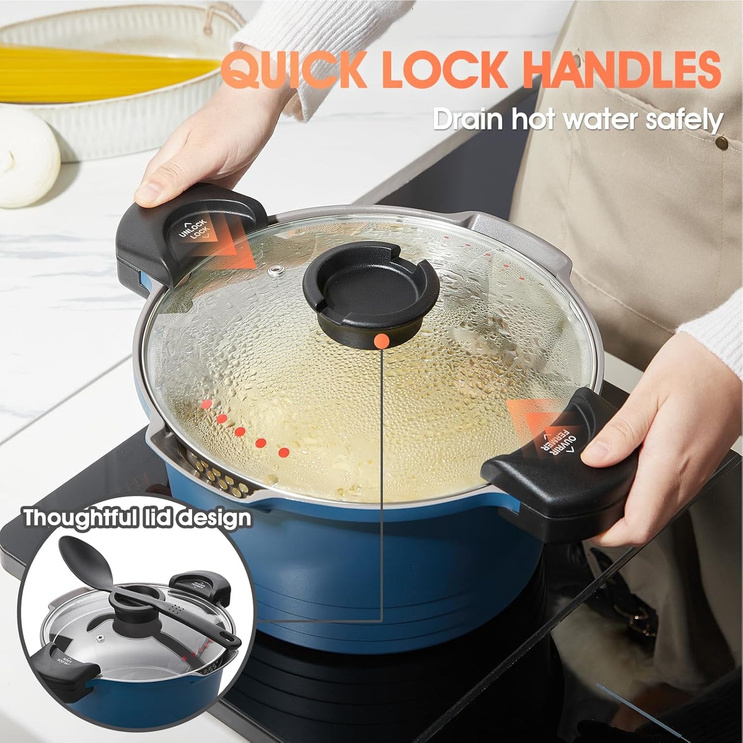 ACTIV CUISINE 8.5qt Pasta Pot with Strainer Lid, Cast Aluminum Stockpot Multipot, Nonstick Ceramic Coating make Cleanup easy with Tempered Glass Lid, Dishwasher Safe, Induction, Blue