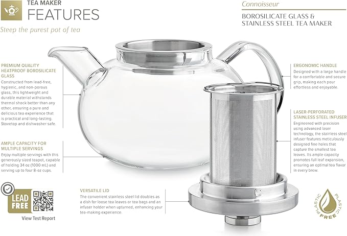 Teabloom Connoisseur Glass Teapot with Stainless Steel Infuser for Loose Tea – 4-Cup Capacity, Stovetop-Safe, Durable Borosilicate Glass, Perfect for Hot and Iced Tea