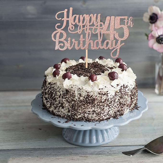 1 PCS Happy 45th Birthday Cake Topper Glitter Cheers to 45 Years Birthday Cake Pick 45 Fabulous Cake Decoration for Happy 45th Birthday Theme Party Decorations Supplies Rose Gold