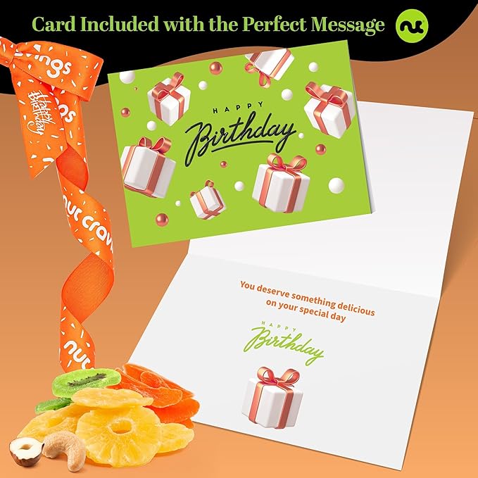 NUT CRAVINGS Gourmet Collection - Happy Birthday Treats, Dried Fruit & Mixed Nuts Gift Basket with Bday Ribbon in Reusable Wooden Tray (12 Assortments) Food Arrangement, Healthy Snack, Food Assortments