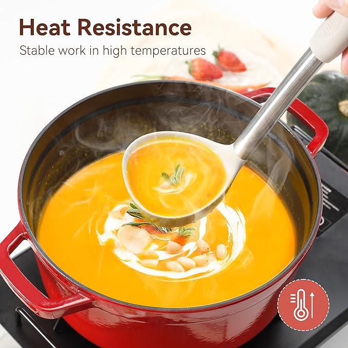 Silicone Cooking Utensils Set, NCUE 35 Pcs Kitchen Utensils Set with Holder, with Stainless Steel Handle Spatula Set, Spoons, Pasta Server, Cheese Grater, Masher, Scissors, Dishwasher Safe (Khaki)