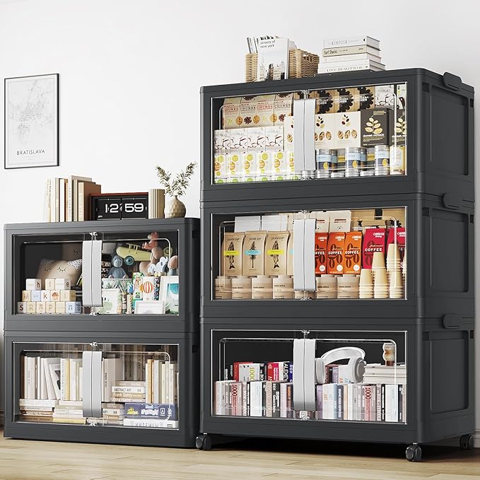 800QT Stackable Storage Bins with Lids, 200Gal Extra Large Collapsible Storage Box with Wheel, Plastic Storages with Clear Door Open Front for Home Living Room Garage, Black-5pack(5 lids)