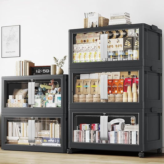 800QT Stackable Storage Bins with Lids, 200Gal Extra Large Collapsible Storage Box with Wheel, Plastic Storages with Clear Door Open Front for Home Living Room Garage, Black-5pack(5 lids)