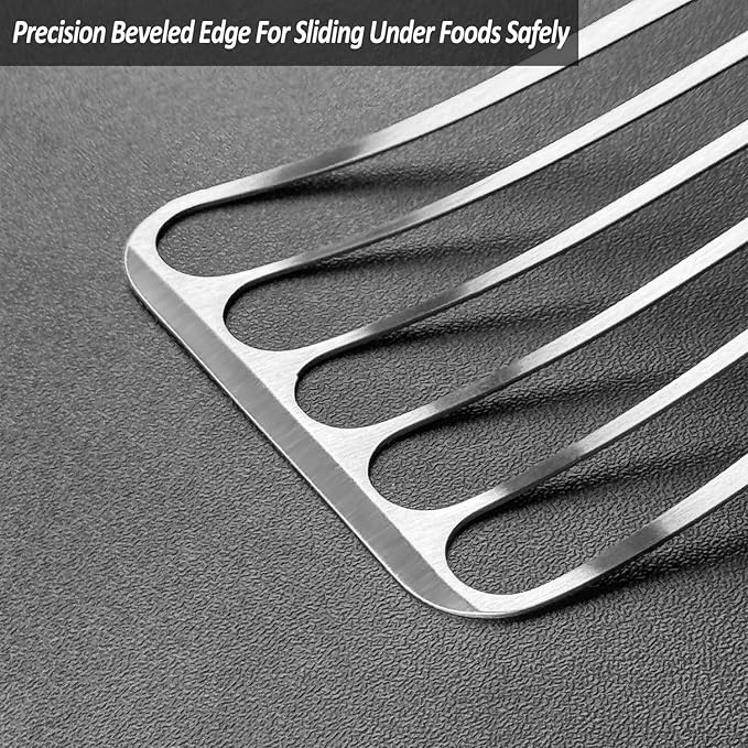 2 Pack Fish Spatula Turner, Stainless Steel Slotted Spatulas for Flipping, Turning, Frying & Grilling, 3"x6"+4"x8" Metal Slotted Spatulas, Wooden Full Tang Handle & Curved Blade