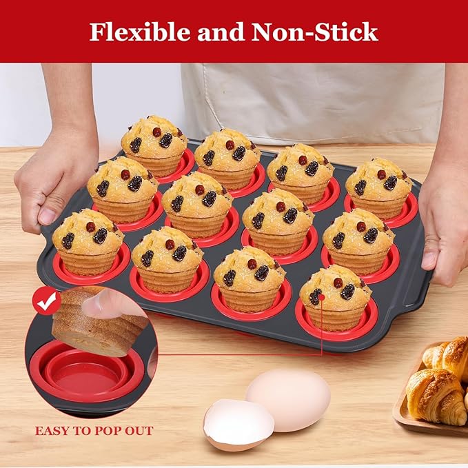 12 Cups Silicone Muffin Pans for Baking with Metal Frame, Egg Bite Molds, Cupcake Pans Regular Size, Muffin Tins Easy to Pop Nonstick Non Toxic Bakeware for Oven Dishwasher Safe