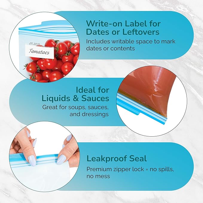 J&&J Fresh Storage Quart Freezer Bags, 50 Pack — Reusable, BPA-Free, Leakproof — Expandable Bottom, Microwave-Safe, Strong Zipper Seal — Quart Bags for Meal Prep & Freezer Storage — Durable & Washable