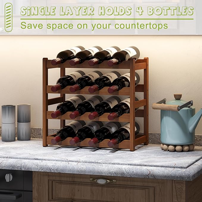 BMOSU Bamboo Wine Rack Wine Storage Cabinet Shelf 16 Bottle Wine Racks Countertop Sturdy for Kitchen Dining Room Pantry - 4 Tiers Wine Rack(Brown)