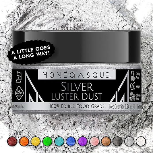 MONÉGASQUE Silver Edible Glitter for Drinks 7g – Edible Glitter for Cakes & Cocktails – Luster Dust for Drinks, Cocktail, & Cakes – Silver Cake Decorations Spray Sprinkles & Halloween Drink Shimmer