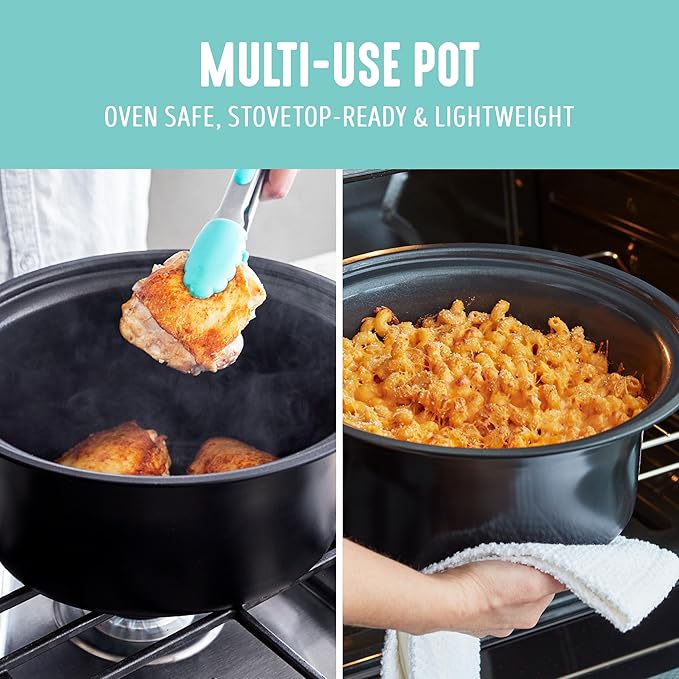 GreenLife 6 Quart Ceramic Slow Cooker, PFAS-Free, Programmable, Removable Healthy Nonstick Pot for Family Meals, Sear on Stovetop, Keep Warm, Digital Timer, Dishwasher Safe Glass Lid, Turquoise