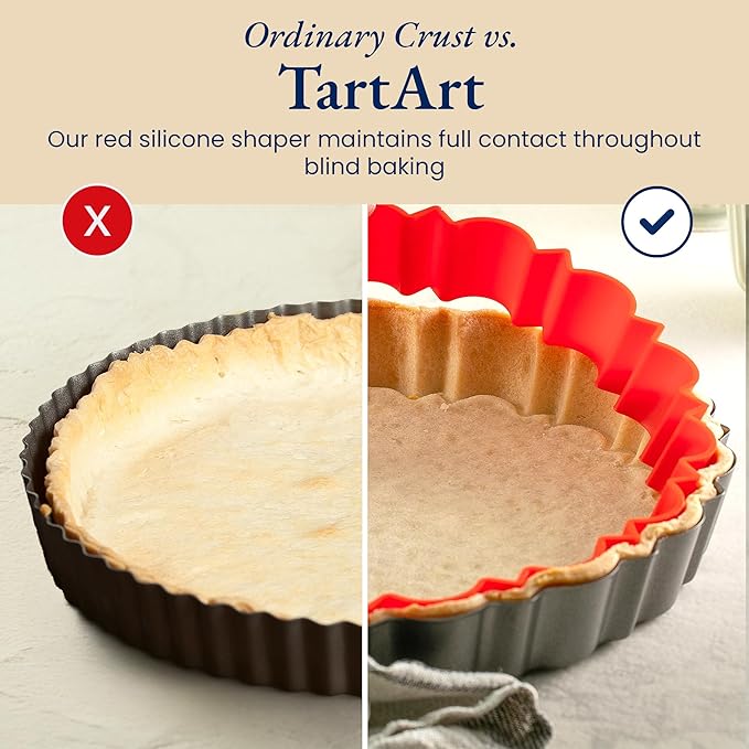 Patz&Patz Fluted Tart Pan 9 Inch Removable Bottom with Patented Silicone Crust Shaper | Nonstick Carbon Steel Quiche Baking Dish, Fruit Tart Molds for Baking, Quiche Pan & Pie Mold - PFOA & PTFE-Free