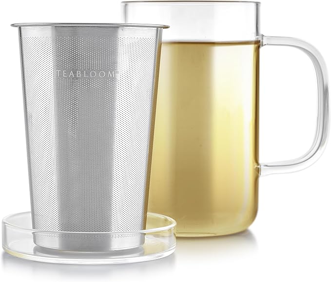 Teabloom Premium Borosilicate Glass Mug with Stainless Steel Loose Leaf Tea Infuser and Lid/Dish - 12 Ounces (350 mL)
