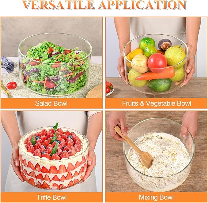 9 inch Large Salad and Trifle Bowl Glass with Lid, 155 oz Versatile Mixing and Serving Dish for Fruit, Laying Ice Cream, Cake, Cupcake, Baking, and Dessert, Microwave Safe