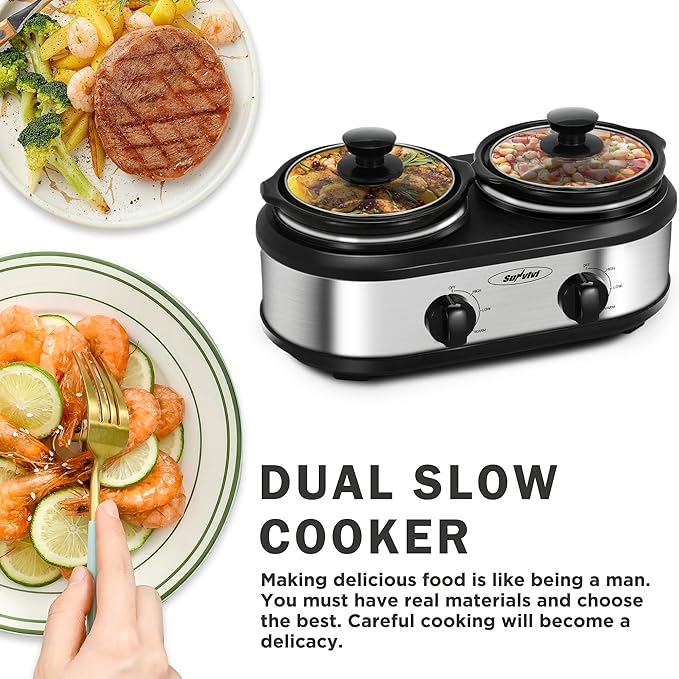 Sunvivi Dual Pot Slow Cooker, 2 Pot Small Mini Crock Buffet Server and Warmer, Upgraded Oval Ceramic Double Pot Buffet Food Warmer Adjustable Temp Glass Lid, Total 2.5 Quarts