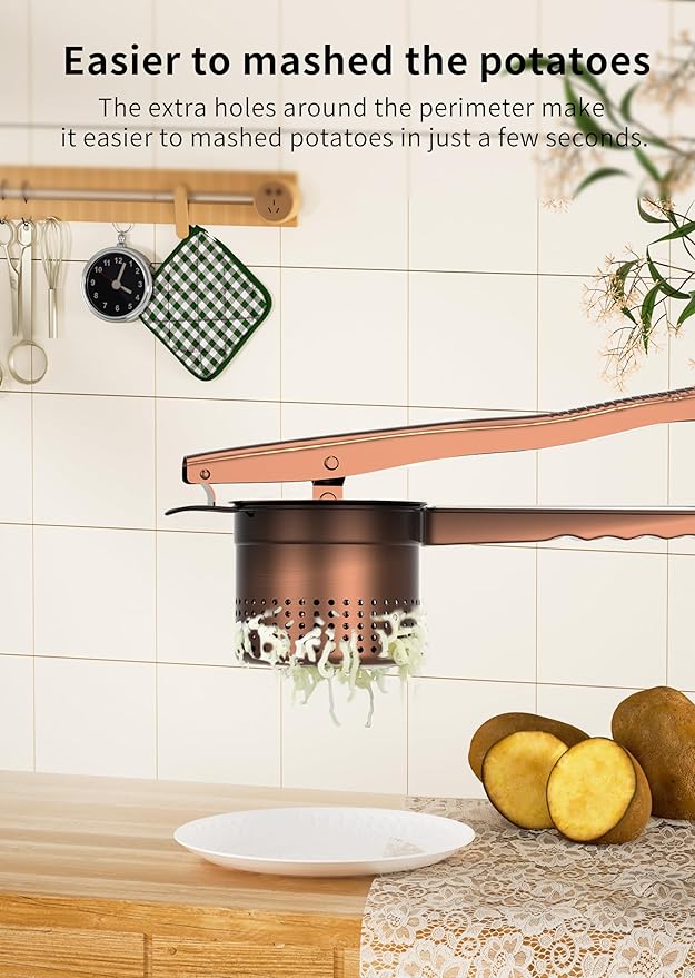 Large 15oz Potato Ricer Masher, Heavy Duty Stainless Steel Potato Masher with Ergonomic Handle, Masher and Ricer Kitchen Tool for Mashed Potatoes, Noodle Maker, Bronze Color