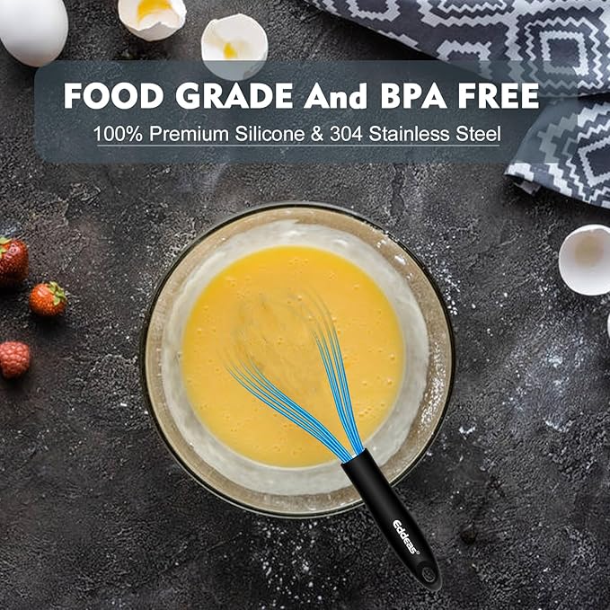 Silicone Whisk, Whisk Non Scratch Whisk for Cooking, 5+7+9+11in Balloon Whisk, Suitable for Mixing, Blending. 11in Flat Whisk great for Ceramic Coated pans and Wider shallower pots. (Blue)