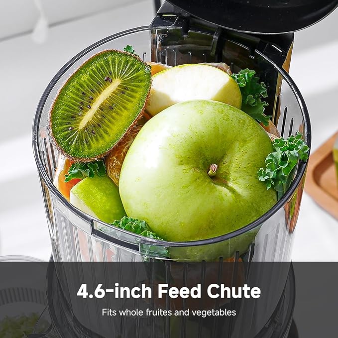 AMZCHEF Cold Press Juicer, 4.5" Juicer Machines with Large Feed Chute for Whole Fruits & Vegetables, Stainless Steel Juice Extractor with Large Auger, Dual Strainers, Easy Cleanup & Assembly