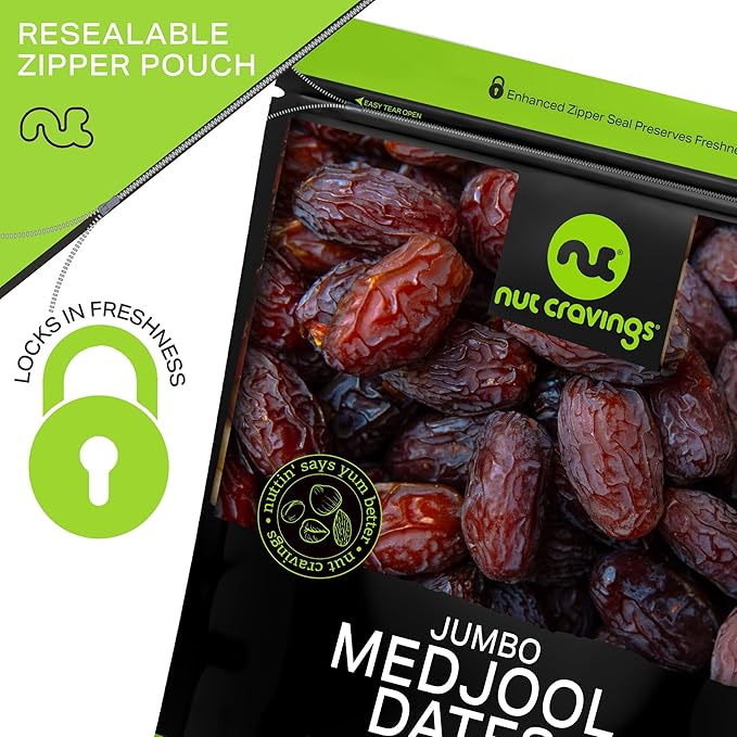 NUT CRAVINGS - Sun Dried Jumbo Medjool Dates, No Sugar Added (16oz, 1 LB) Bulk Dry Fruits Packed Fresh in Resealable Bag - Sweet Healthy Snack, Naturally Grown, Vegan, Kosher