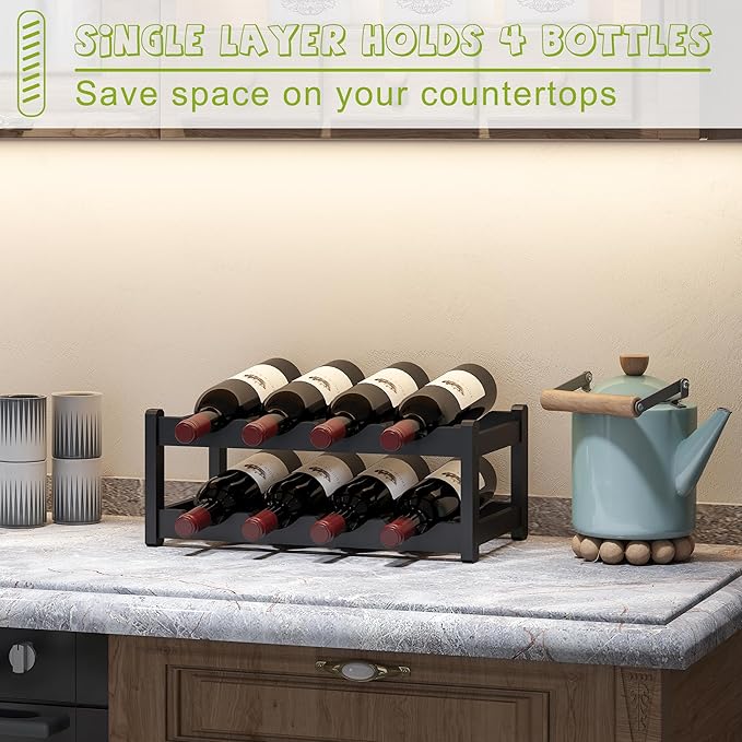 BMOSU Bamboo Wine Rack Wine Storage Cabinet Shelf 8 Bottle Wine Racks Countertop Sturdy for Kitchen Dining Room Pantry - 2 Tiers Wine Rack (Black)