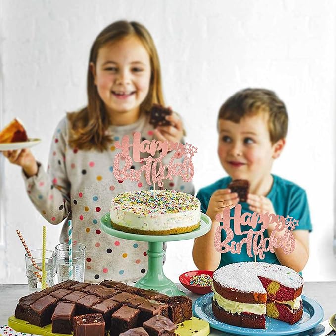 Ephlyn 1Pcs Happy Birthday Cake Topper Glitter Cake Pick for Celebrating Anniversary Theme Party Cake Decorations Supplies Rose Gold