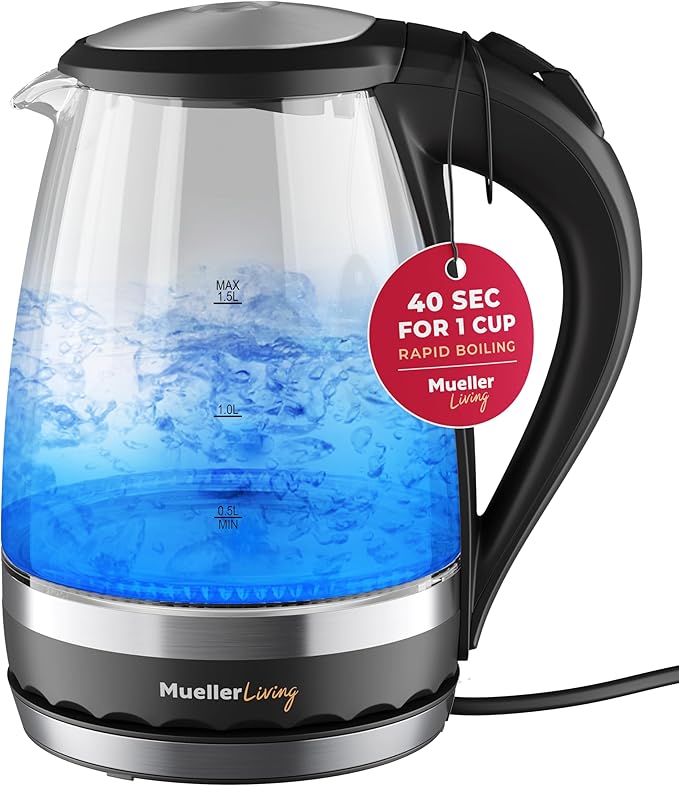 MuellerLiving Glass Kettle 1.5L 1500W LED Light Electric Tea Kettle Automatic Shut-Off with SpeedBoil Tech and Boil-Dry Protection