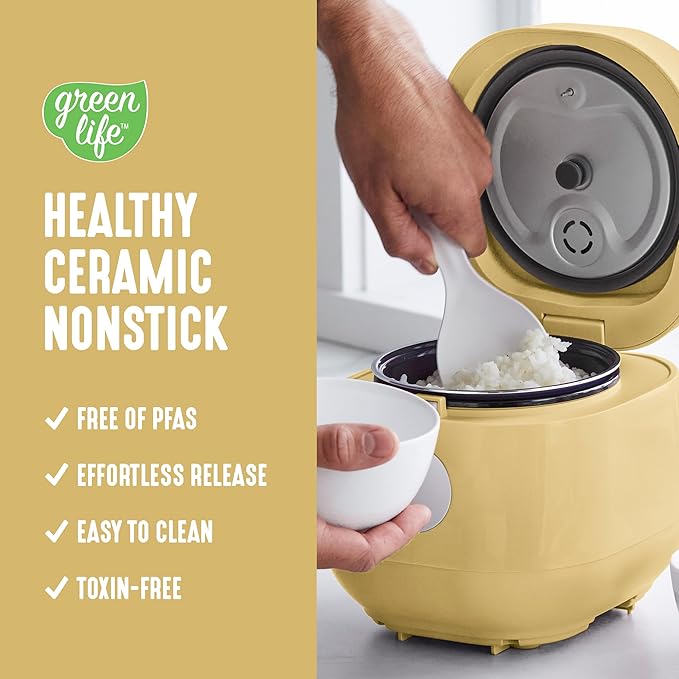 GreenLife Digital Rice Cooker, 2-Cups Uncooked/4-Cups Cooked, Removable Nonstick Ceramic PFAS-Free Pot, One-Touch Presets, Oats, Quinoa, Brown Rice, Auto Keep Warm, Fuzzy Logic Tech, 1.5 QT, Butter Yellow