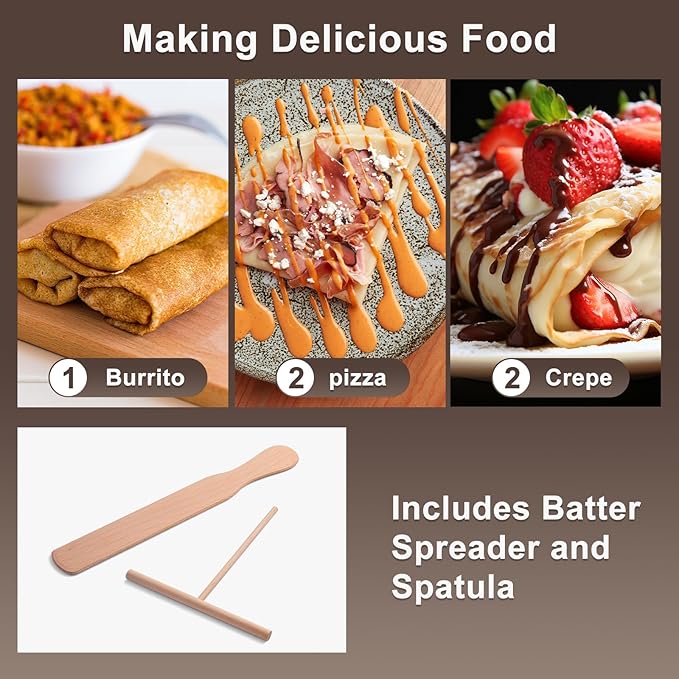 Electric Crepe Maker 12'' & Griddle - Non-Stick Pan With Spreader for Roti, Tortilla, Blintzes, Pancakes - Adjustable Temperature, 1000W