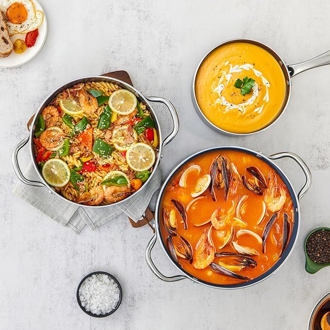 Induction Cookware Set 6-Piece, Stackable Kitchen Cooking Pots Set, 6qt 4.8qt & 2qt Pots with Lids, Dishwasher Safe & Oven Safe, Compatible with All Stoves, Black