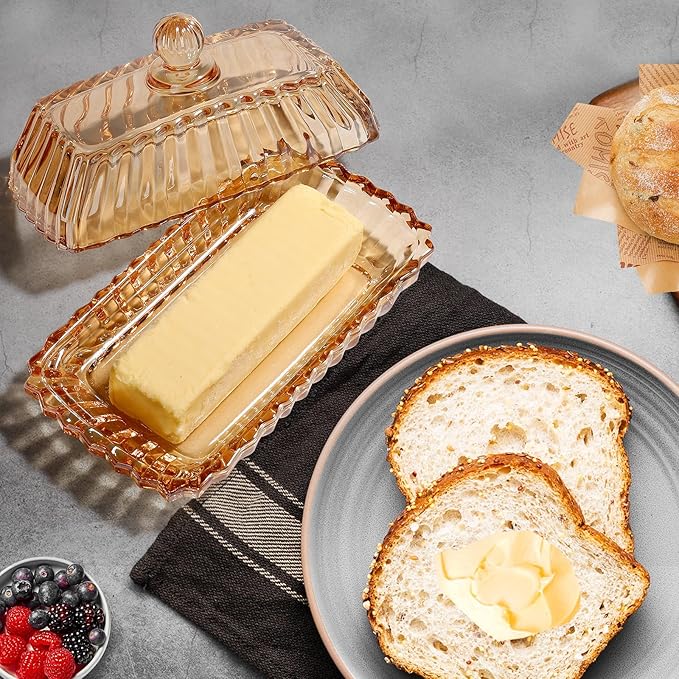 Glass Butter Dish with Cover for Countertop Amber Vintage Crystal Butter Dish with lid for Counter,Covered Glass Butter Holder Keeper Butter Tray for Refrigerator,Butter Container with 4oz Butter