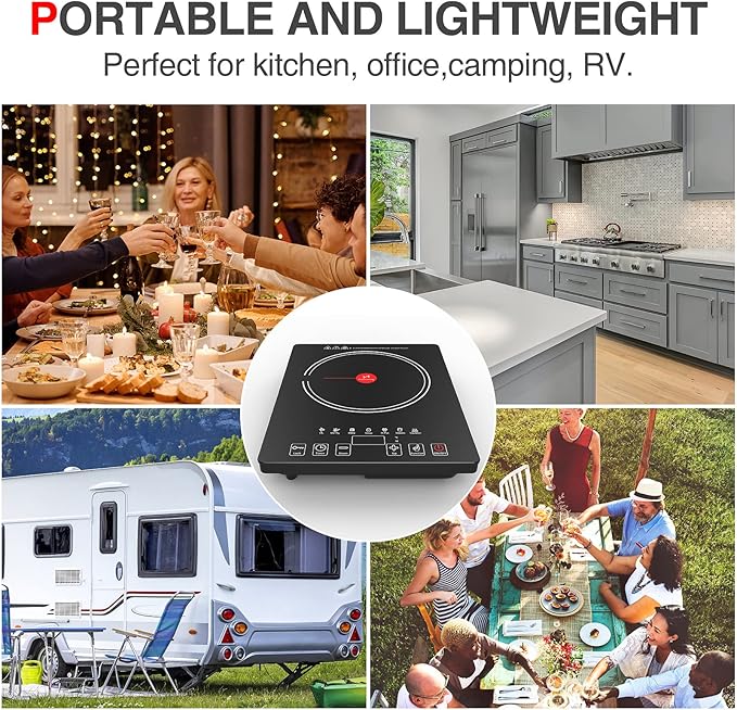 Electric Cooktop, Portable Electric Cooktop 1800W Single Burner Stove with LED Touch Screen, 8 Power & 8 Temperature Levels, Timer, 110V-120V Hot Plate for Home Camping