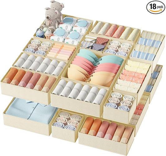 DIMJ Drawer Organizer Clothes, 18 Pack Dresser Organizer, Foldable Closet Organizers and Storage, Fabric Dresser Bins, Drawer Dividers for Nursery, Baby Clothes, Underwears, Sock (Beige)