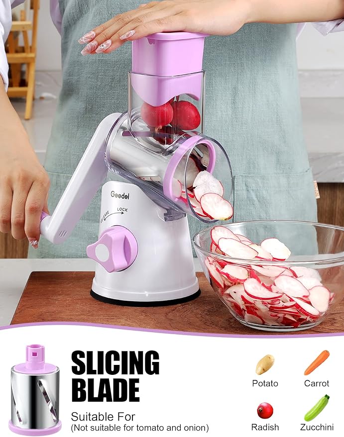 Geedel Rotary Cheese Grater, Kitchen Mandoline Vegetable Slicer with 3 Interchangeable Blades, Easy to Clean Rotary Grater Slicer for Fruit, Vegetables, Nuts