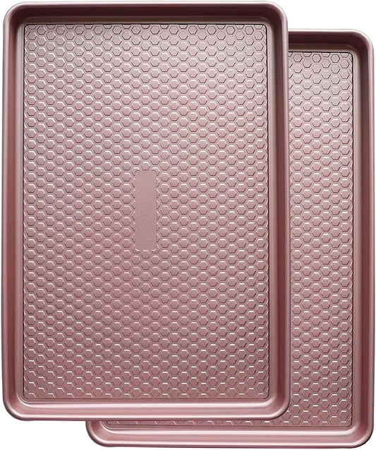 Large Baking Sheet Set (2 Pack) - Half Sheet Pan 17.7x12.2 Inch, 0.8mm Heavy Duty Carbon Steel, Nonstick & Warp Resistant Cookie Sheet for Baking, Roasting, Texture Pattern/Rose Gold
