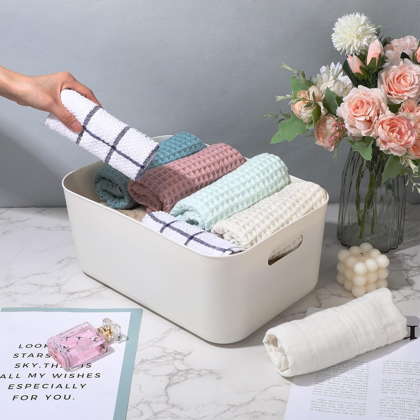 Zopeal Plastic Storage Bins 10 Pcs White Pantry Organizer Bins Small Baskets Storage Containers for Home Kitchen (14 x 10.5 x 6.4 Inch)