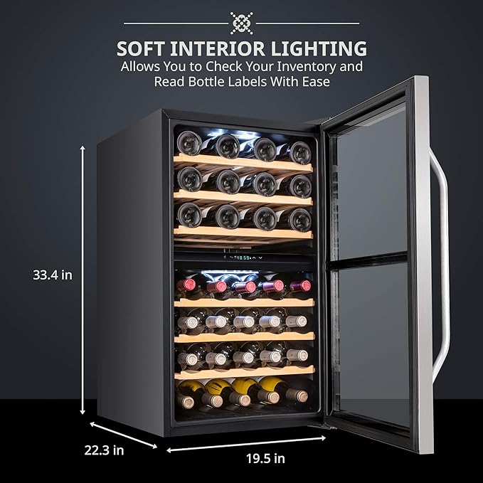Ivation 43 Bottle Dual Zone Wine Cooler Refrigerator w/Lock | Large Freestanding Wine Cellar For Red, White, Champagne & Sparkling Wine | 41f-64f Digital Temperature Control Fridge Stainless Steel