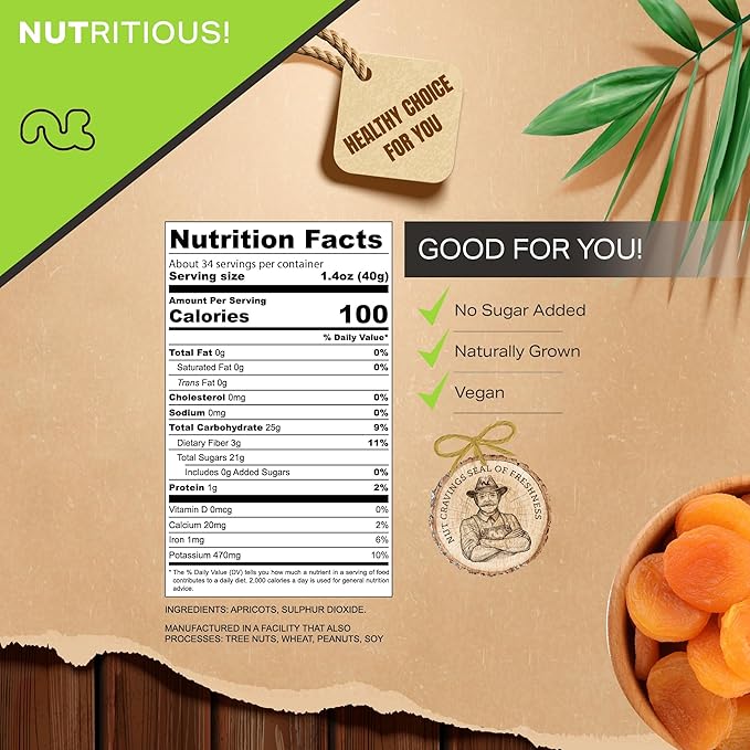 NUT CRAVINGS - Sun Dried Turkish Apricots, No Sugar Added (48oz, 3 LB, Bulk) Bulk Dry Fruits Packed Fresh in Resealable Bag - Sweet Healthy Snack, Naturally Grown, Vegan, Kosher
